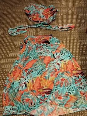 Tropical Two-Piece Skirt Set in Teal & Coral